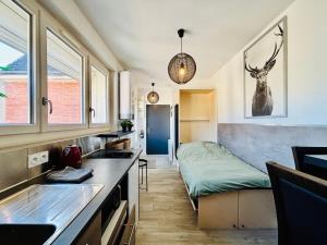 a kitchen with a sink and a bed in a room at Le Victor Hugo in Gien