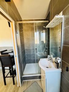 a bathroom with a shower and a sink at Le Victor Hugo in Gien +34 photos