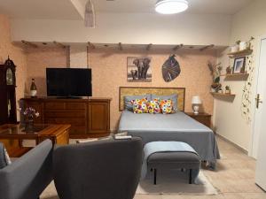 a bedroom with a bed and a tv and chairs at Casa Xime, relax y playa in Alicante
