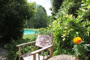 a garden with a bench with a bucket of plants at Villa Organi in Vaiano
