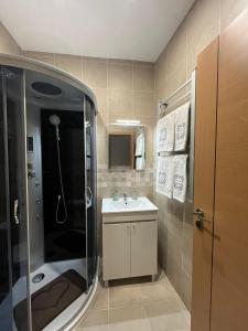 a bathroom with a shower and a sink at Cantinho da Bia - Alojamento Local in Portel