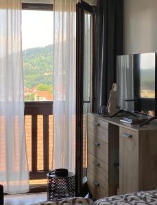 a bedroom with a television on a dresser with a balcony at Studio Eleven - Free Parking in Čajetina +14 photos