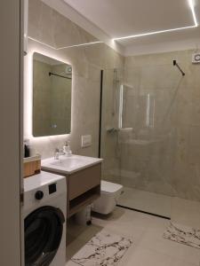 a bathroom with a sink and a shower and a toilet at Marbel Apartments in Shëngjin