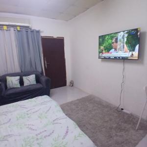 a bedroom with a bed and a flat screen tv on the wall at Al Ain Mall Transient Studio in Al Ain