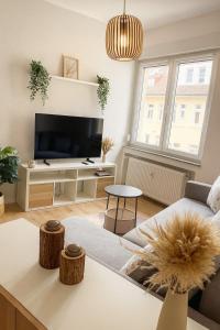 a living room with a couch and a tv at Miara in Radolfzell am Bodensee