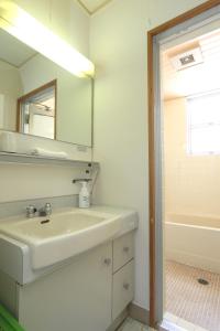 a bathroom with a sink and a mirror and a tub at Shirasakiso in Yura