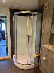 eine Dusche mit Glastür im Badezimmer in der Unterkunft Moderne hytte plass for 10 in Rendalen + 25 Fotos