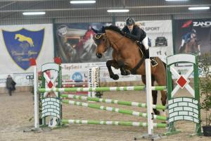 eine Person, die auf einem Pferd reitet und über ein Hindernis springt in der Unterkunft Fiori e Frutti Agriresort in Mestre