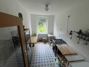a kitchen with a stove and a window in it at Wiesepeter in Brüssow