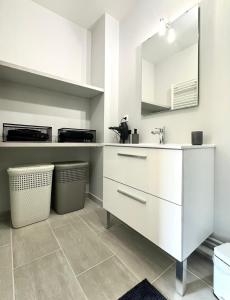 DéolsにあるLogement entier climatisé Grangeroux 5 mn du Centre National de Tirsの洗面台と鏡のあるバスルーム