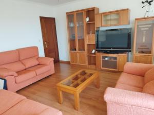 a living room with two couches and a tv at Casa A Peneda in Dumbría