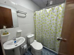 a bathroom with a sink and a toilet and a shower curtain at Apartamentos FM 205 in Líbano