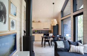 een woonkamer met een bank en een fornuis bij Villa Syli in Äkäslompolo +21 foto's