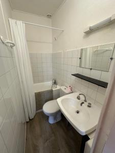 a bathroom with a sink and a toilet and a mirror at Appartement meublé T2 PONT REAN - Centre in Guichen