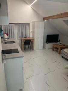 a kitchen and living room with a tv and a table at Studio Léo in Bôle