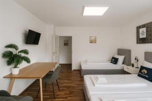 a living room with a table and a couch at SMS-Homes I Auszeit in Heilbronn in Heilbronn