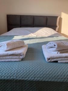 a bed with towels sitting on top of it at Βίλα Αντί Ονείρου-Διαμέρισμα Αμαλία in Kriezá