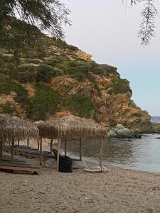 a beach with some straw umbrellas and the water at Villa Amalia in Kriezá
