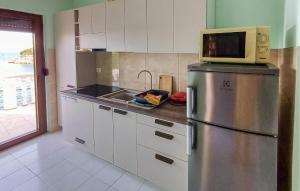 a kitchen with a microwave on top of a refrigerator at Stunning Apartment In Senj With Kitchen in Starigrad