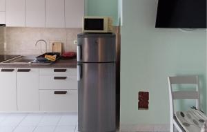 a kitchen with a refrigerator with a microwave on top of it at Stunning Apartment In Senj With Kitchen in Starigrad