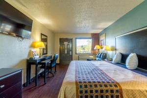 a hotel room with a large bed and a desk at Regency Inn and Suites Bay City, Texas in Bay City