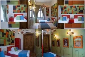 a collage of four pictures of a room with beds at Arina Apartments 2 in Braşov