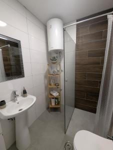 a bathroom with a sink and a shower at Studio Soft Hue in Kosovo Polje