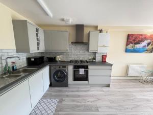 a kitchen with a stove and a dishwasher at Cosy 2-Bed Flat Near ExCeL and City Airport in London +8 photos