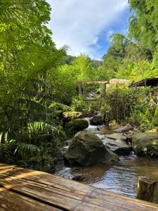 a stream of water with rocks and a wooden bridge at รักเขาอินทนนท์โฮมสเตย์ Doi inthanon Homestay in Ban Yang Di Pha Mop +13 photos