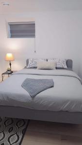 a bedroom with a large bed with a window at Entire Basement Suite in Bonavista in Winnipeg