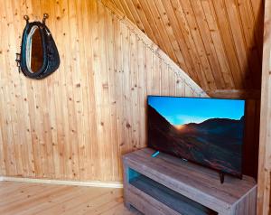 a flat screen tv sitting in a wooden room at Apartamenty 1000m npm Murzasichle in Murzasichle