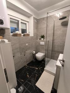 Un baño con inodoro y ducha de cristal. en Bocel, en Mali Lošinj