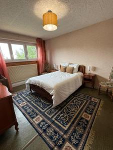 a bedroom with a large bed and a rug at Tout le monde sous le meme toit - 10 voyageurs - 25 mn europapark in Benfeld