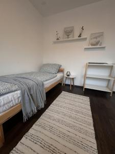 a bedroom with a bed and a rug at Wohnen im Herzen von Kulmbach in Kulmbach +4 photos