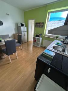 a kitchen and living room with a sink and a table at Wohnung in Troisdorf T04 in Troisdorf
