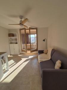 滨海萨纳里Cozy studio proche plages et gare的配有沙发和吊扇的客厅