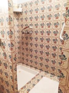 a bathroom with a shower with flowers on the tiles at Cozy Studio Beaujolais - Porte de Lyon - Piscine&Tennis in Villefranche-sur-Saône