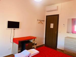a room with a door and a television and a red rug at Venice Day Apartment in Mestre