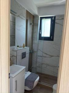 a bathroom with a toilet and a glass shower at Xenia's Resorts in Ofrínion
