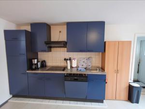 a kitchen with blue cabinets and a sink at Ferienhäuser Heideröslein in Fürstenberg