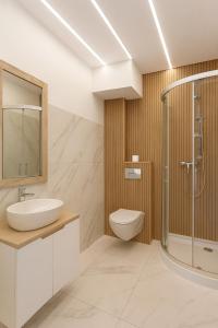 un bagno con un lavandino e una doccia di SWKD - Kameralne Apartamenty a Ostróda