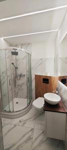 un bagno con doccia, WC e lavandino di SWKD - Kameralne Apartamenty a Ostróda