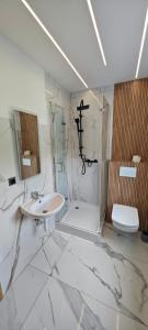 un bagno bianco con lavandino e WC di SWKD - Kameralne Apartamenty a Ostróda Altre 4 foto