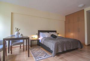 een slaapkamer met een bed, een tafel en een bureau bij Deno Studio in Borovets
