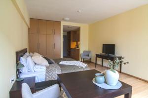 ein Wohnzimmer mit einem Bett und einem Tisch in der Unterkunft Deno Studio by BulgarianHomes in Borowez