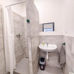 a bathroom with a sink and a shower with a shower curtain at Angel room with large terrace R6 in Prague