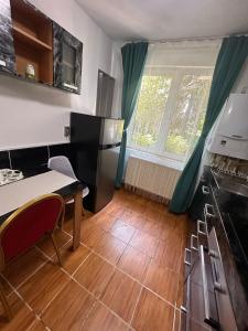 une petite cuisine avec une table et un réfrigérateur dans l'établissement Apartament Iasmina, à Petroşani