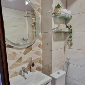 een badkamer met een wastafel en een spiegel en een toilet bij Апартамент Дар in Belogradchik +19 foto's