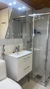 a bathroom with a shower and a white sink at Levi Star 1003 in Levi +21 photos