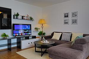 シビウにあるTimeea Homeのソファとテレビのあるリビングルーム